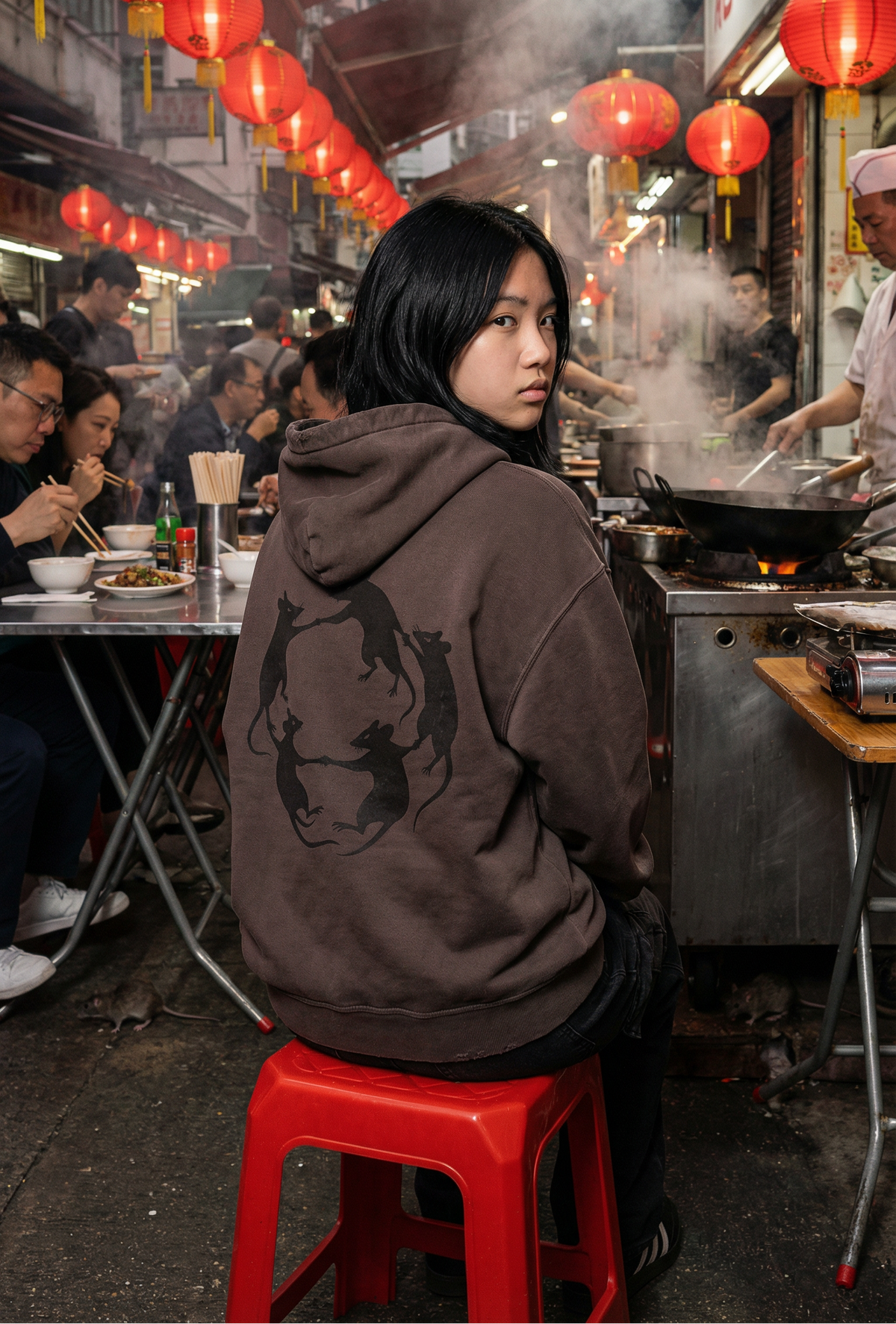 A person wearing a brown hoodie with a large black graphic print sits on a red plastic stool at a street food stall, surrounded by other diners and red lanterns in the background.